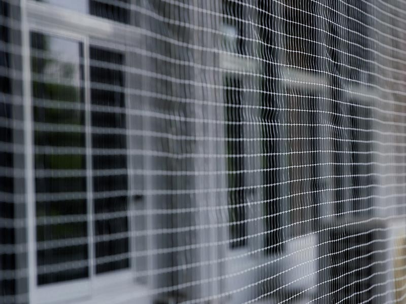 Bird netting fitted across an apartment balcony opening 